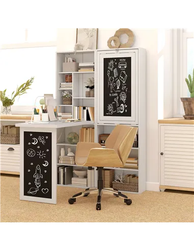 HOMCOM Wall Mounted Computer Desk, Folding Study Table with Black Board and Bookshelf, Multifunctional Floating Writing Desk for