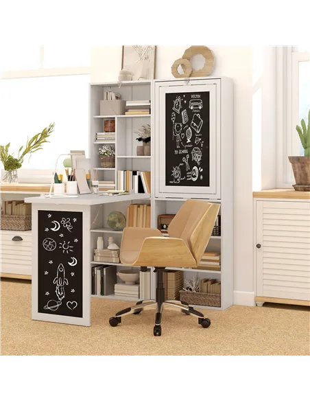 HOMCOM Wall Mounted Computer Desk, Folding Study Table with Black Board and Bookshelf, Multifunctional Floating Writing Desk for