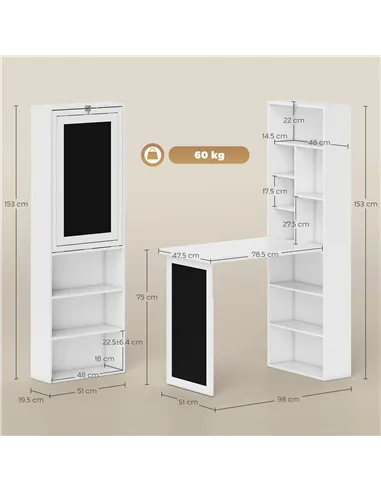 HOMCOM Wall Mounted Computer Desk, Folding Study Table with Black Board and Bookshelf, Multifunctional Floating Writing Desk for
