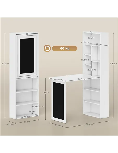 HOMCOM Wall Mounted Computer Desk, Folding Study Table with Black Board and Bookshelf, Multifunctional Floating Writing Desk for