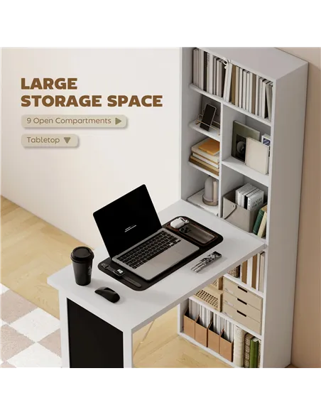 HOMCOM Wall Mounted Computer Desk, Folding Study Table with Black Board and Bookshelf, Multifunctional Floating Writing Desk for