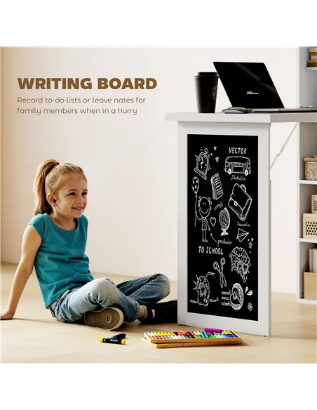HOMCOM Wall Mounted Computer Desk, Folding Study Table with Black Board and Bookshelf, Multifunctional Floating Writing Desk for