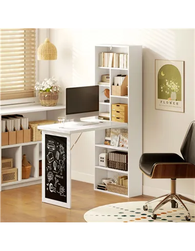 HOMCOM Wall Mounted Computer Desk, Folding Study Table with Black Board and Bookshelf, Multifunctional Floating Writing Desk for