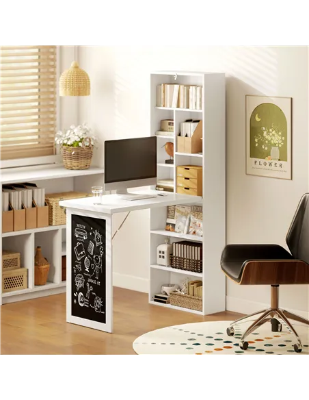 HOMCOM Wall Mounted Computer Desk, Folding Study Table with Black Board and Bookshelf, Multifunctional Floating Writing Desk for