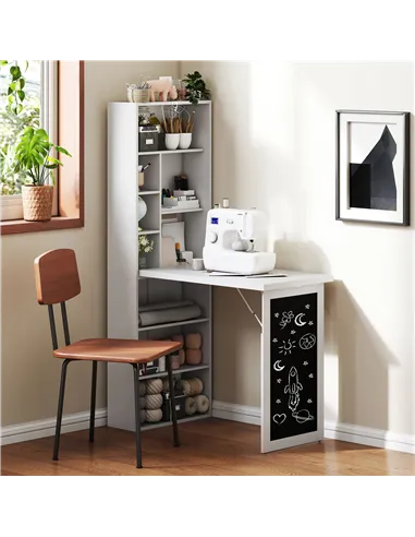 HOMCOM Wall Mounted Computer Desk, Folding Study Table with Black Board and Bookshelf, Multifunctional Floating Writing Desk for