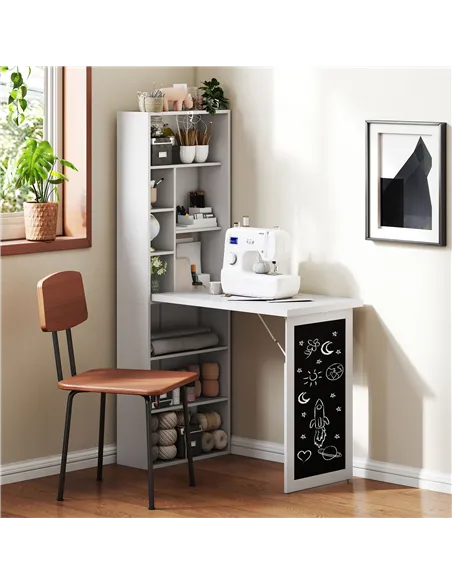 HOMCOM Wall Mounted Computer Desk, Folding Study Table with Black Board and Bookshelf, Multifunctional Floating Writing Desk for