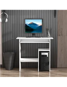 HOMCOM Compact Small Computer Table Wooden Desk Keyboard Tray Storage Shelf Modern Corner Table Home Office White 2